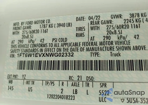 2022 Ford F-150 Lightning Xlt из США, поврежденный, VIN 1FT6W1EVXNWG02332